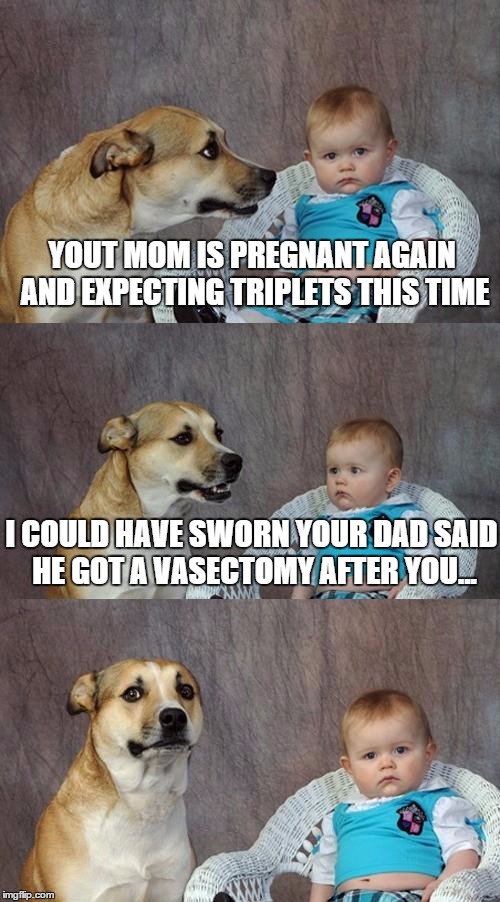 Expecting triplets | YOUT MOM IS PREGNANT AGAIN AND EXPECTING TRIPLETS THIS TIME I COULD HAVE SWORN YOUR DAD SAID HE GOT A VASECTOMY AFTER YOU... | image tagged in memes,dad joke dog | made w/ Imgflip meme maker