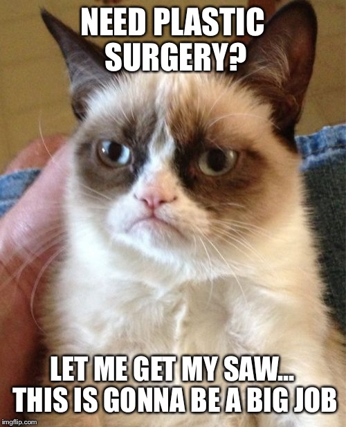 Grumpy Cat Meme | NEED PLASTIC SURGERY? LET ME GET MY SAW... THIS IS GONNA BE A BIG JOB | image tagged in memes,grumpy cat | made w/ Imgflip meme maker