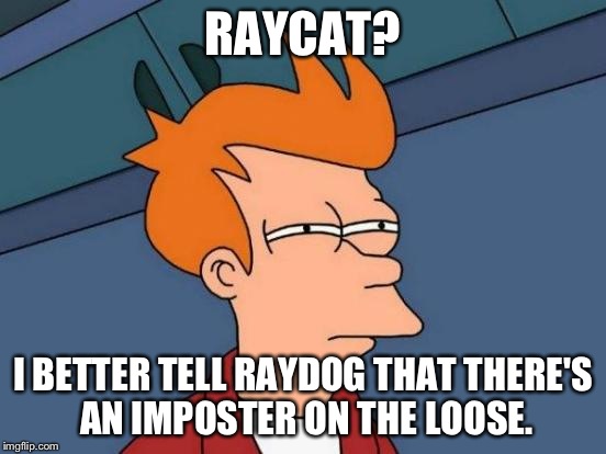 Futurama Fry Meme | RAYCAT? I BETTER TELL RAYDOG THAT THERE'S AN IMPOSTER ON THE LOOSE. | image tagged in memes,futurama fry | made w/ Imgflip meme maker