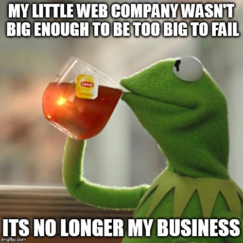 But That's None Of My Business Meme | MY LITTLE WEB COMPANY WASN'T BIG ENOUGH TO BE TOO BIG TO FAIL ITS NO LONGER MY BUSINESS | image tagged in memes,but thats none of my business,kermit the frog | made w/ Imgflip meme maker