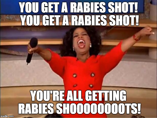 Oprah You Get A Meme | YOU GET A RABIES SHOT! YOU GET A RABIES SHOT! YOU'RE ALL GETTING RABIES SHOOOOOOOOTS! | image tagged in memes,oprah you get a | made w/ Imgflip meme maker