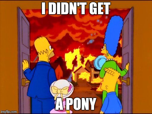 The Simpsons Hell fire | I DIDN'T GET A PONY | image tagged in the simpsons hell fire | made w/ Imgflip meme maker