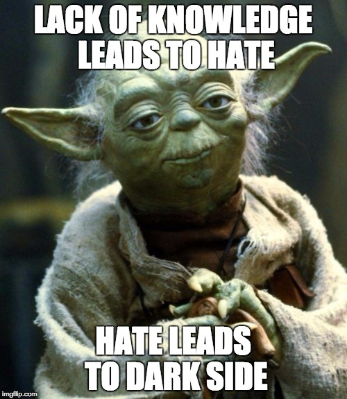 Star Wars Yoda Meme | LACK OF KNOWLEDGE LEADS TO HATE HATE LEADS TO DARK SIDE | image tagged in memes,star wars yoda | made w/ Imgflip meme maker