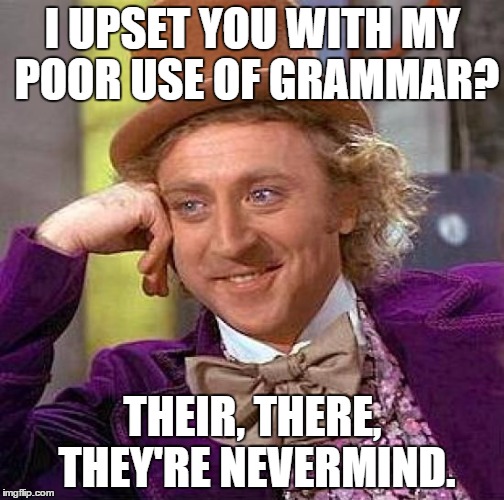 Creepy Condescending Wonka Meme | I UPSET YOU WITH MY POOR USE OF GRAMMAR? THEIR, THERE, THEY'RE NEVERMIND. | image tagged in memes,creepy condescending wonka | made w/ Imgflip meme maker