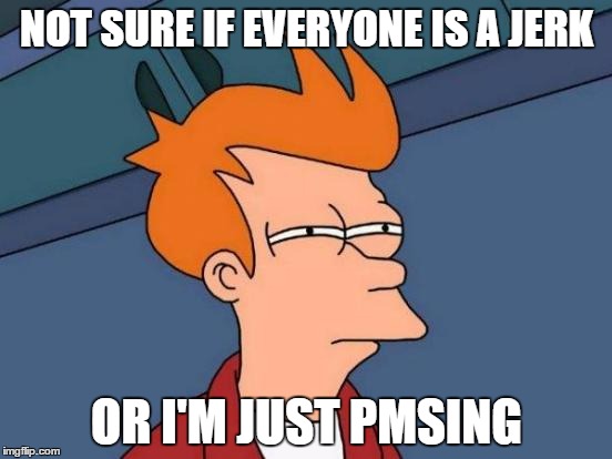 Futurama Fry | NOT SURE IF EVERYONE IS A JERK OR I'M JUST PMSING | image tagged in memes,futurama fry | made w/ Imgflip meme maker