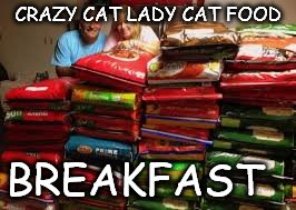 Crazy cat lady has to buy tons of food a day | CRAZY CAT LADY CAT FOOD BREAKFAST | image tagged in crazy cat,lady | made w/ Imgflip meme maker