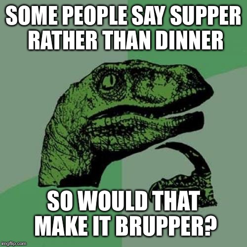 Philosoraptor Meme | SOME PEOPLE SAY SUPPER RATHER THAN DINNER SO WOULD THAT MAKE IT BRUPPER? | image tagged in memes,philosoraptor | made w/ Imgflip meme maker