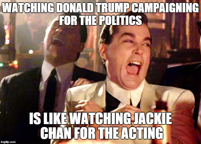Fun to watch but no one is listening.  | WATCHING DONALD TRUMP CAMPAIGNING FOR THE POLITICS IS LIKE WATCHING JACKIE CHAN FOR THE ACTING | image tagged in memes,good fellas hilarious | made w/ Imgflip meme maker
