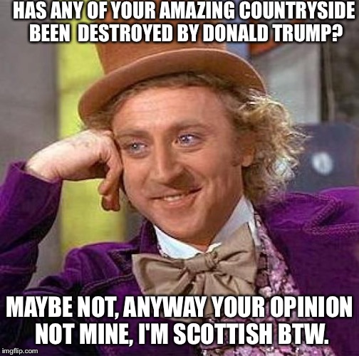 Creepy Condescending Wonka Meme | HAS ANY OF YOUR AMAZING COUNTRYSIDE BEEN  DESTROYED BY DONALD TRUMP? MAYBE NOT, ANYWAY YOUR OPINION NOT MINE, I'M SCOTTISH BTW. | image tagged in memes,creepy condescending wonka | made w/ Imgflip meme maker
