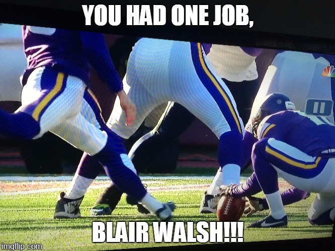 YOU HAD ONE JOB, BLAIR WALSH!!! | image tagged in vikings fail | made w/ Imgflip meme maker