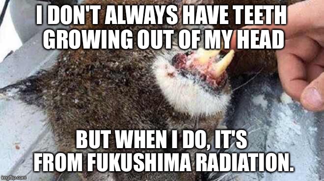 Fukushima fangs | I DON'T ALWAYS HAVE TEETH GROWING OUT OF MY HEAD BUT WHEN I DO, IT'S FROM FUKUSHIMA RADIATION. | image tagged in truth | made w/ Imgflip meme maker