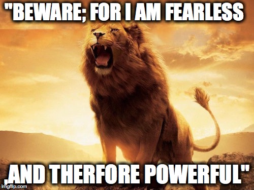Fearless Lion | "BEWARE; FOR I AM FEARLESS ,AND THERFORE POWERFUL" | image tagged in fearless | made w/ Imgflip meme maker