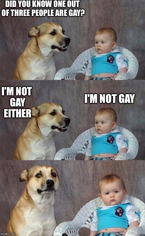 Dad Joke Dog 2 | DID YOU KNOW ONE OUT OF THREE PEOPLE ARE GAY? I'M NOT GAY I'M NOT GAY EITHER | image tagged in dad joke dog 2 | made w/ Imgflip meme maker