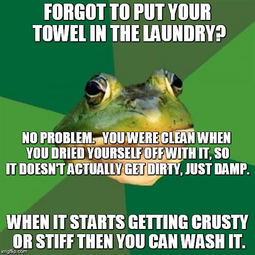 Foul Bachelor Frog Meme | FORGOT TO PUT YOUR TOWEL IN THE LAUNDRY? WHEN IT STARTS GETTING CRUSTY OR STIFF THEN YOU CAN WASH IT. NO PROBLEM.   YOU WERE CLEAN WHEN YOU  | image tagged in memes,foul bachelor frog | made w/ Imgflip meme maker