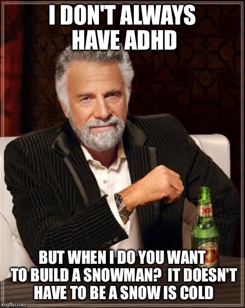 The most interesting man with adhd | I DON'T ALWAYS HAVE ADHD BUT WHEN I DO YOU WANT TO BUILD A SNOWMAN?  IT DOESN'T HAVE TO BE A SNOW IS COLD | image tagged in memes,the most interesting man in the world | made w/ Imgflip meme maker