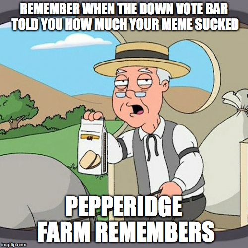 Pepperidge Farm Remembers Meme | REMEMBER WHEN THE DOWN VOTE BAR TOLD YOU HOW MUCH YOUR MEME SUCKED PEPPERIDGE FARM REMEMBERS | image tagged in memes,pepperidge farm remembers | made w/ Imgflip meme maker