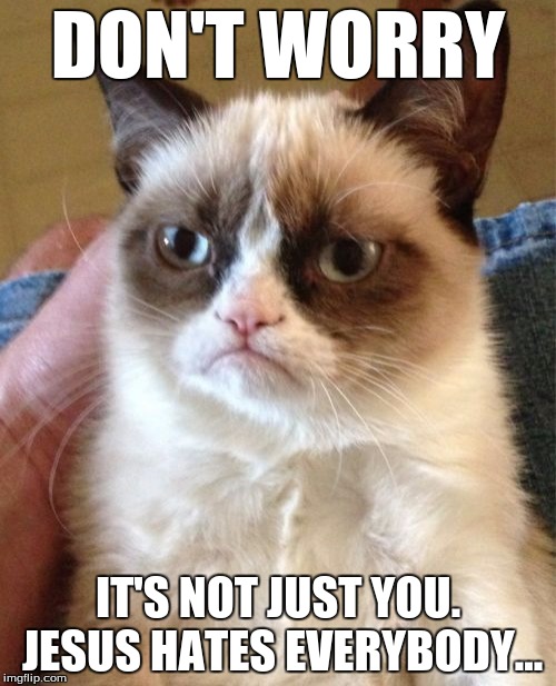 Grumpy Cat Meme | DON'T WORRY IT'S NOT JUST YOU. JESUS HATES EVERYBODY... | image tagged in memes,grumpy cat | made w/ Imgflip meme maker