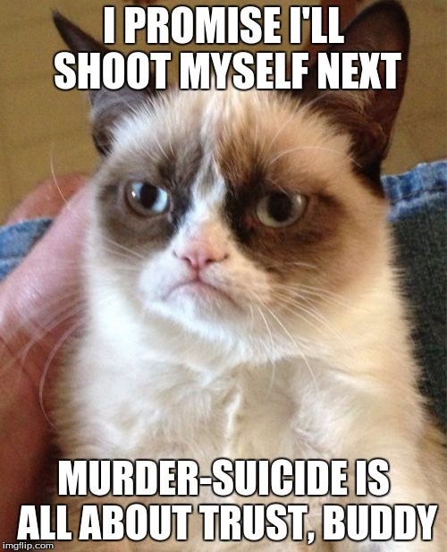 Grumpy Cat | I PROMISE I'LL SHOOT MYSELF NEXT MURDER-SUICIDE IS ALL ABOUT TRUST, BUDDY | image tagged in memes,grumpy cat | made w/ Imgflip meme maker