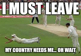 Strauss diving catch meme,  DI YA GET IT? STRAUSS US SOUTH-AFRICAN! | I MUST LEAVE MY COUNTRY NEEDS ME... OH WAIT | image tagged in meme,cricket | made w/ Imgflip meme maker