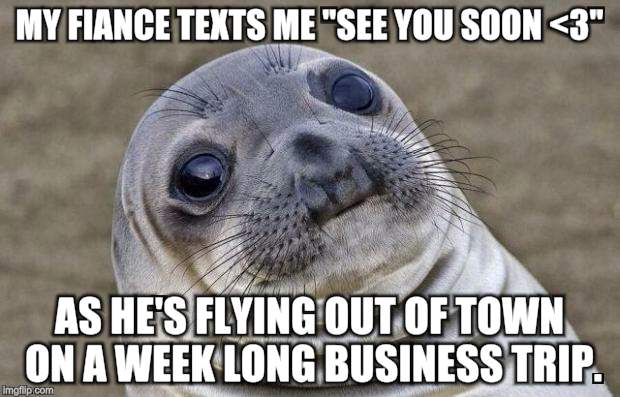 Awkward Moment Sealion Meme | MY FIANCE TEXTS ME "SEE YOU SOON <3" AS HE'S FLYING OUT OF TOWN ON A WEEK LONG BUSINESS TRIP. | image tagged in memes,awkward moment sealion,AdviceAnimals | made w/ Imgflip meme maker