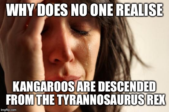 First World Problems Meme | WHY DOES NO ONE REALISE KANGAROOS ARE DESCENDED FROM THE TYRANNOSAURUS REX | image tagged in memes,first world problems | made w/ Imgflip meme maker