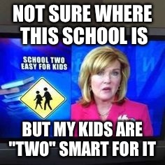 NOT SURE WHERE THIS SCHOOL IS BUT MY KIDS ARE "TWO" SMART FOR IT | image tagged in two hard | made w/ Imgflip meme maker