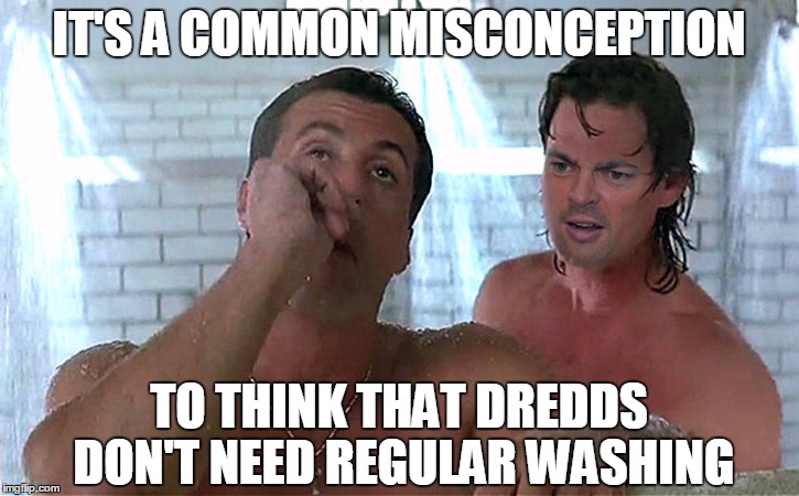 I Am The Lodge | IT'S A COMMON MISCONCEPTION TO THINK THAT DREDDS DON'T NEED REGULAR WASHING | image tagged in memes,shower,judge dredd,dreads | made w/ Imgflip meme maker