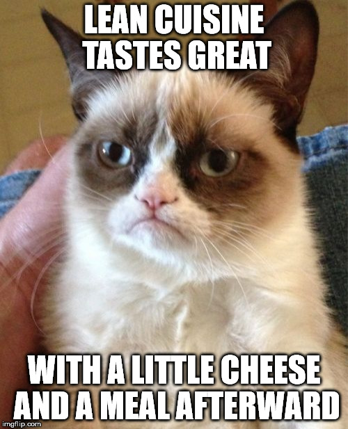 Grumpy Cat | LEAN CUISINE TASTES GREAT WITH A LITTLE CHEESE AND A MEAL AFTERWARD | image tagged in memes,grumpy cat | made w/ Imgflip meme maker