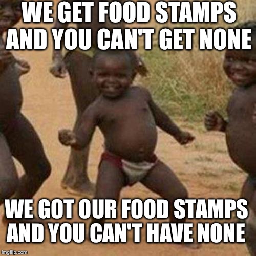 EBT World Success Kid | WE GET FOOD STAMPS AND YOU CAN'T HAVE NONE AND YOU CAN'T GET NONE WE GOT OUR FOOD STAMPS | image tagged in memes,third world success kid,food stamps,free,stuff,illegal immigration | made w/ Imgflip meme maker
