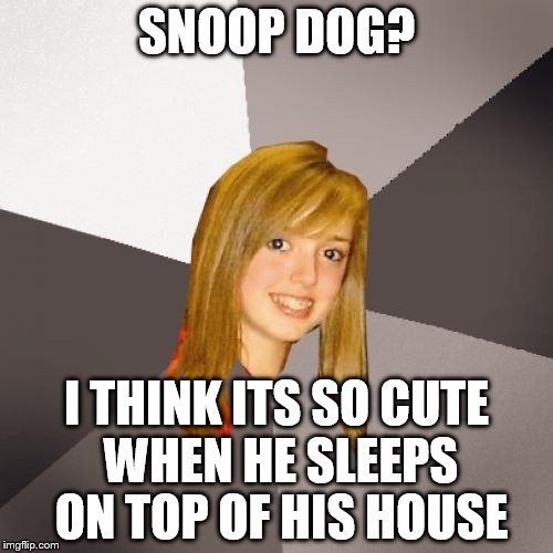 Musically Oblivious 8th Grader | SNOOP DOG? I THINK ITS SO CUTE WHEN HE SLEEPS ON TOP OF HIS HOUSE | image tagged in memes,musically oblivious 8th grader | made w/ Imgflip meme maker