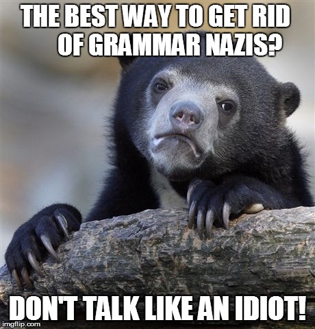 Confession Bear Meme | THE BEST WAY TO GET RID 




OF GRAMMAR NAZIS? DON'T TALK LIKE AN IDIOT! | image tagged in memes,confession bear | made w/ Imgflip meme maker