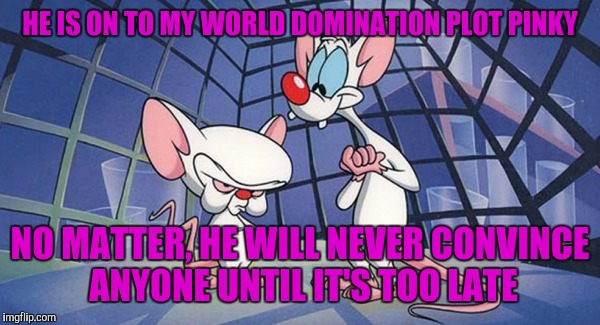 When a whistleblower risks all to expose corruption & evildoers | HE IS ON TO MY WORLD DOMINATION PLOT PINKY NO MATTER, HE WILL NEVER CONVINCE ANYONE UNTIL IT'S TOO LATE | image tagged in pinky and the brain,memes,corruption,corporations | made w/ Imgflip meme maker