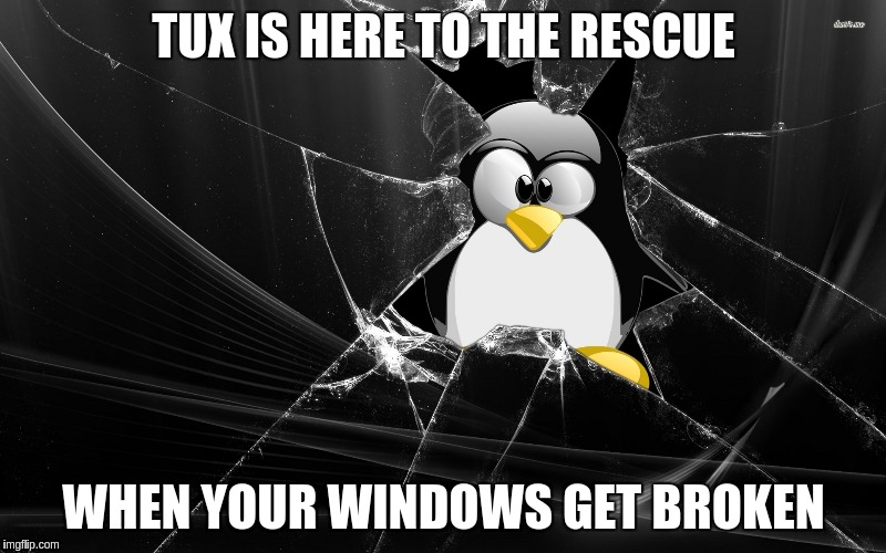 TUX IS HERE TO THE RESCUE WHEN YOUR WINDOWS GET BROKEN | image tagged in tux | made w/ Imgflip meme maker