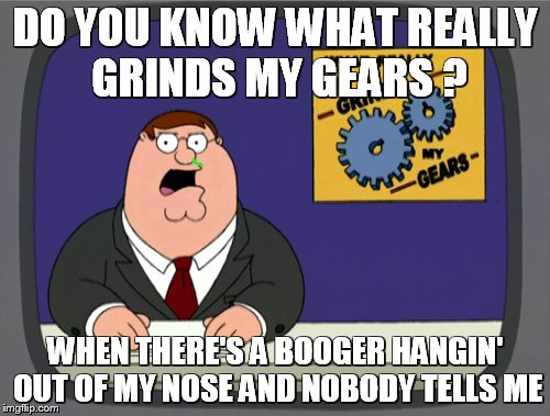 Peter Griffin News | DO YOU KNOW WHAT REALLY GRINDS MY GEARS ? WHEN THERE'S A BOOGER HANGIN' OUT OF MY NOSE AND NOBODY TELLS ME | image tagged in memes,peter griffin news | made w/ Imgflip meme maker