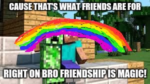 CAUSE THAT'S WHAT FRIENDS ARE FOR RIGHT ON BRO FRIENDSHIP IS MAGIC! | image tagged in magic,minecraft friendship | made w/ Imgflip meme maker
