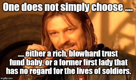 We're so lucky to have a choice  | One does not simply choose .... .... either a rich, blowhard trust fund baby, or a former first lady that has no regard for the lives of sol | image tagged in memes,one does not simply,funny | made w/ Imgflip meme maker