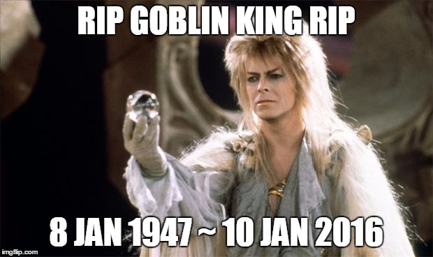labyrinthDavidBowie | RIP GOBLIN KING RIP 8 JAN 1947 ~ 10 JAN 2016 | image tagged in labyrinthdavidbowie | made w/ Imgflip meme maker