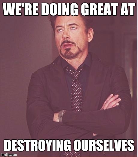 Face You Make Robert Downey Jr Meme | WE'RE DOING GREAT AT DESTROYING OURSELVES | image tagged in memes,face you make robert downey jr | made w/ Imgflip meme maker