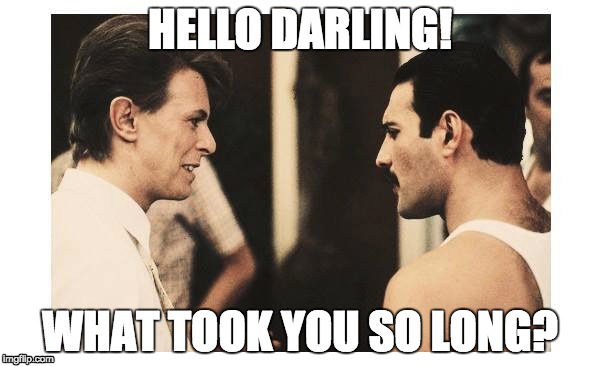 Meanwhile in sky | HELLO DARLING! WHAT TOOK YOU SO LONG? | image tagged in david bowie,freddie mercury | made w/ Imgflip meme maker