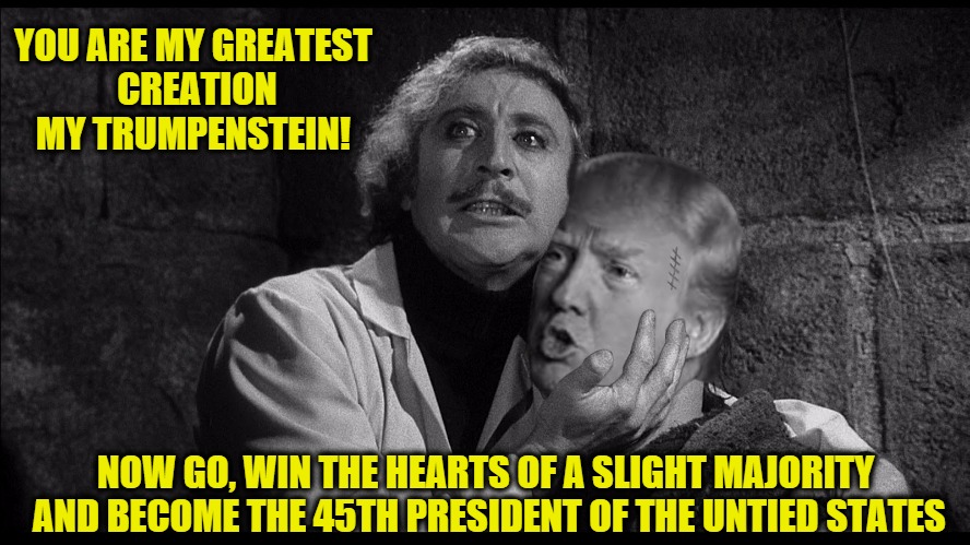 The origins of The Donald | YOU ARE MY GREATEST CREATION MY TRUMPENSTEIN! NOW GO, WIN THE HEARTS OF A SLIGHT MAJORITY AND BECOME THE 45TH PRESIDENT OF THE UNTIED STATES | image tagged in trumpenstein | made w/ Imgflip meme maker