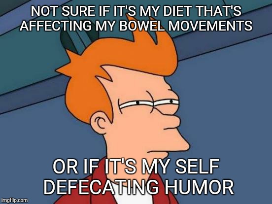 Futurama Fry | NOT SURE IF IT'S MY DIET THAT'S AFFECTING MY BOWEL MOVEMENTS OR IF IT'S MY SELF DEFECATING HUMOR | image tagged in memes,futurama fry | made w/ Imgflip meme maker