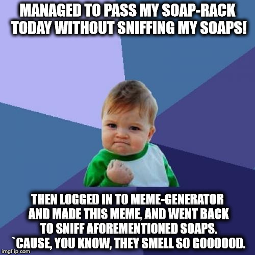 Success Kid Meme | MANAGED TO PASS MY SOAP-RACK TODAY WITHOUT SNIFFING MY SOAPS! THEN LOGGED IN TO MEME-GENERATOR AND MADE THIS MEME, AND WENT BACK TO SNIFF AF | image tagged in memes,success kid | made w/ Imgflip meme maker