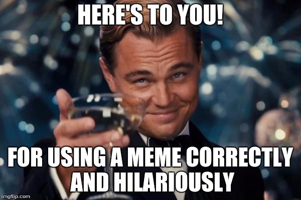 You know who you are, old boy! | HERE'S TO YOU! FOR USING A MEME CORRECTLY AND HILARIOUSLY | image tagged in memes,leonardo dicaprio cheers,meme,hilarious | made w/ Imgflip meme maker