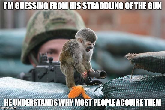 so it's down to evolution? | I'M GUESSING FROM HIS STRADDLING OF THE GUN HE UNDERSTANDS WHY MOST PEOPLE ACQUIRE THEM | image tagged in guns | made w/ Imgflip meme maker