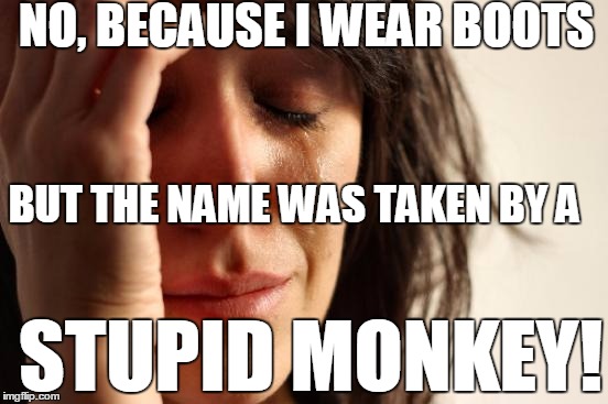 First World Problems Meme | NO, BECAUSE I WEAR BOOTS BUT THE NAME WAS TAKEN BY A STUPID MONKEY! | image tagged in memes,first world problems | made w/ Imgflip meme maker