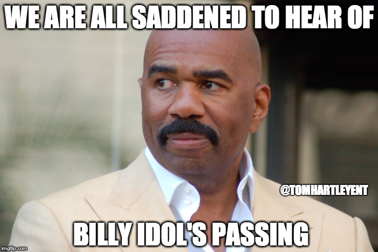 True 'dat Harvey. | WE ARE ALL SADDENED TO HEAR OF BILLY IDOL'S PASSING @TOMHARTLEYENT | image tagged in david bowie,steve harvey,death,billy idol | made w/ Imgflip meme maker