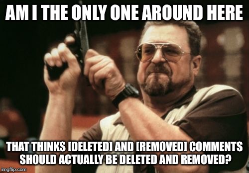 Am I The Only One Around Here | AM I THE ONLY ONE AROUND HERE THAT THINKS [DELETED] AND [REMOVED] COMMENTS SHOULD ACTUALLY BE DELETED AND REMOVED? | image tagged in memes,am i the only one around here,AdviceAnimals | made w/ Imgflip meme maker