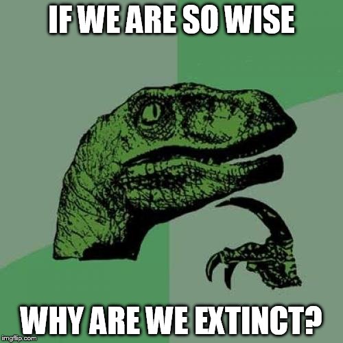 Philosoraptor | IF WE ARE SO WISE WHY ARE WE EXTINCT? | image tagged in memes,philosoraptor | made w/ Imgflip meme maker