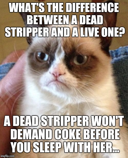 I love this one :) | WHAT'S THE DIFFERENCE BETWEEN A DEAD STRIPPER AND A LIVE ONE? A DEAD STRIPPER WON'T DEMAND COKE BEFORE YOU SLEEP WITH HER... | image tagged in memes,grumpy cat | made w/ Imgflip meme maker