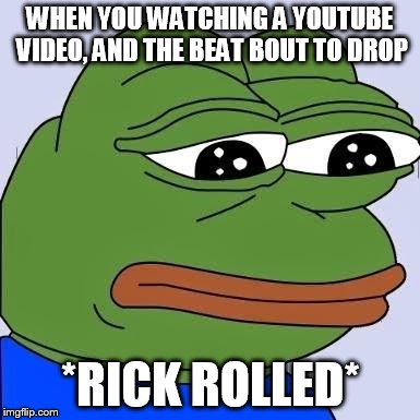 The beat does go hard though | WHEN YOU WATCHING A YOUTUBE VIDEO, AND THE BEAT BOUT TO DROP *RICK ROLLED* | image tagged in pepe | made w/ Imgflip meme maker